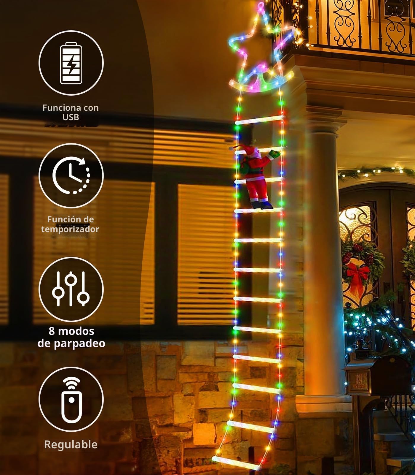 Guirnalda Luces de Navidad - 3 Metros LED Escalera Navidad Estrellas con Papá Noel, 8 Modos USB Luz Decoración con Control Remoto para Exterior Interior, Habitación, Balcón