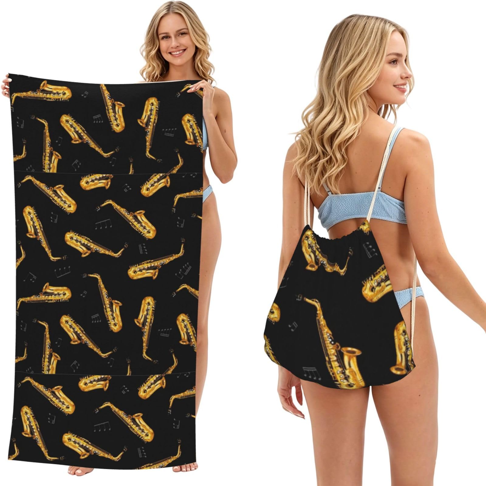 Poadnly As Picture Saxophone And Music, 2 In 1 Packable Towel Bag, Beach Towels With Drawstring Backpack For Travel Holiday Camping