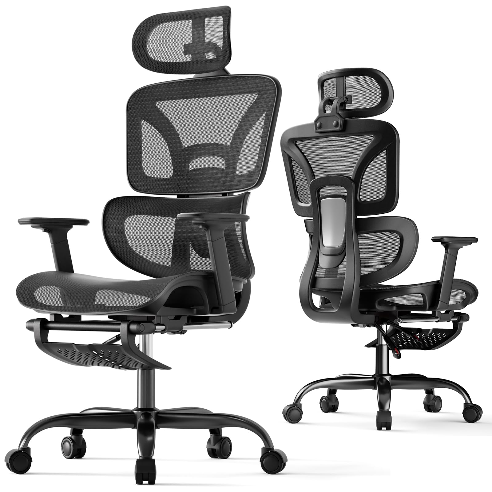 SOLAVERO Silla Ergonomica Escritorio con Soporte Lumbar, Reposapiés, Negro