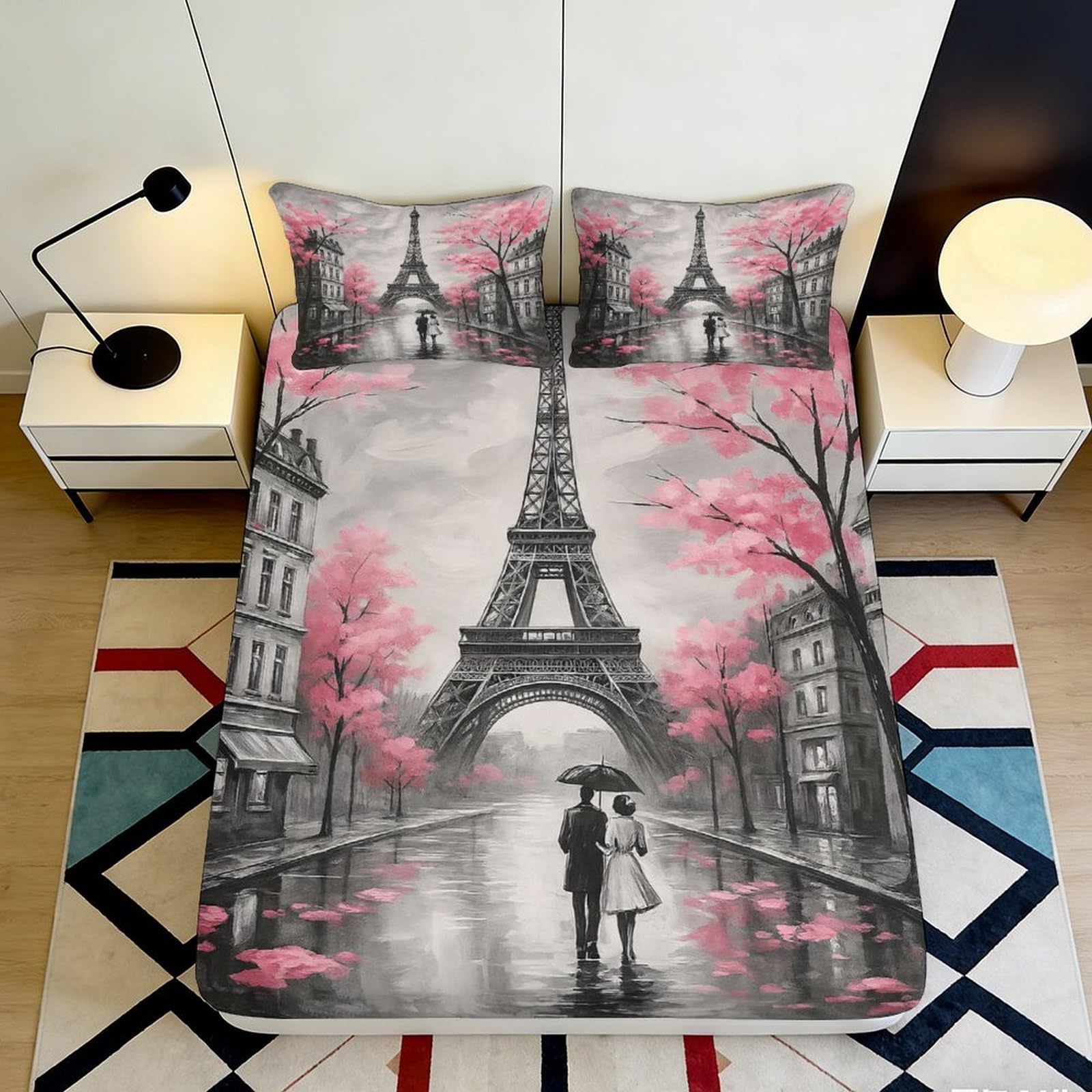 3D Printed Eiffel Tower Paris Fitted Sheet Microfiber Grey Pink Romantic Street Bed Cover Bedroom Decor 90x200x25cm