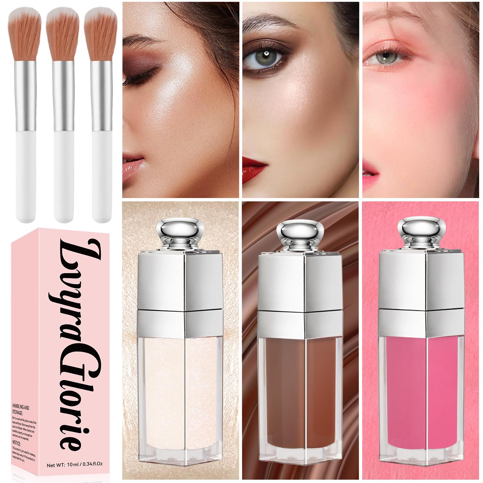 Contour Stick, Highlighter Stick, Blush Stick 3Pcs Cream Contour Kit with Contour Brush, Create Face Contour, Non-greasy, Waterproof Long-lasting Effect, Highlighter Makeup Stick (01-05-07, Light)