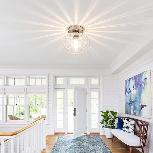 Miniatura 7 de Lámpara de techo semiempotrada de níquel cepillado con vidrio texturizado y bombillas LED de 1200 lúmenes incluidas, moderna luz de pasillo y baño