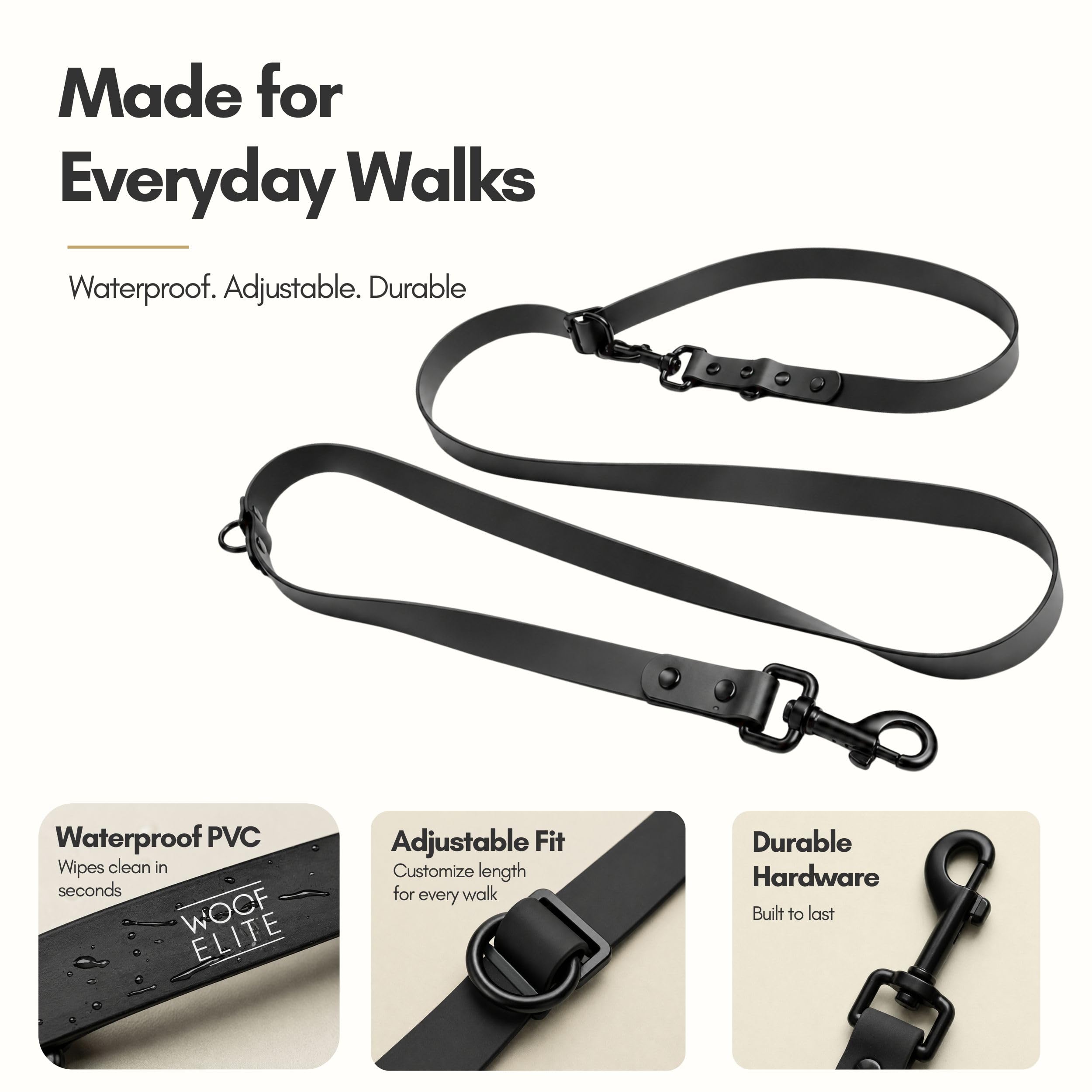 WOOF ELITE Correa impermeable ajustable manos libres para perro de 7 pies, color negro