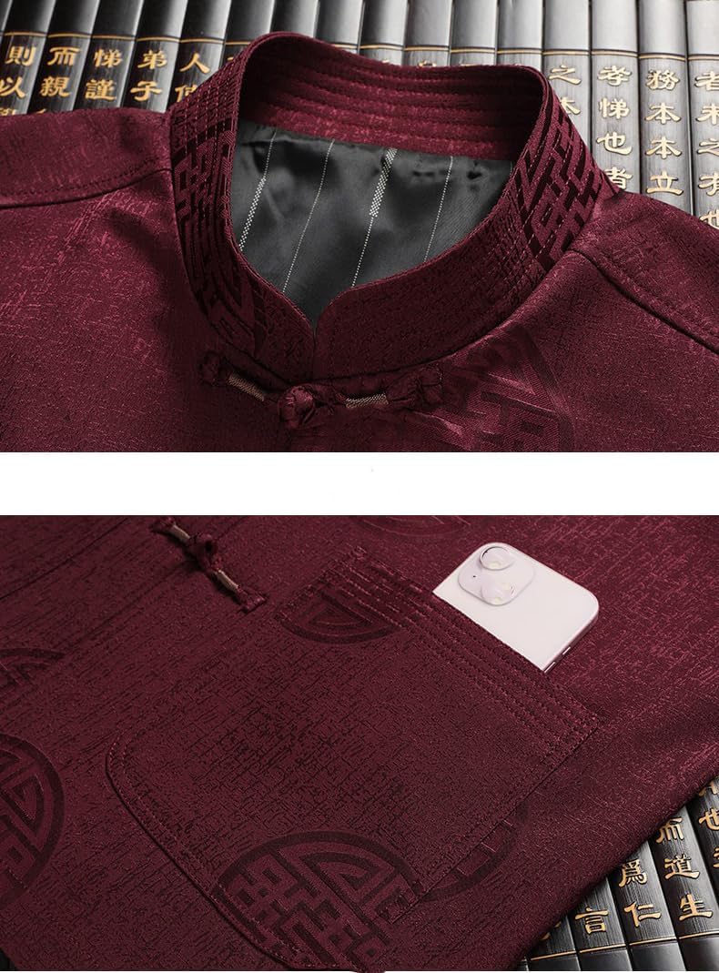 Embroidered Stand Collar Men's Chinese Style Suit, Middle-Aged and Elderly Long Sleeve 2-Piece Set