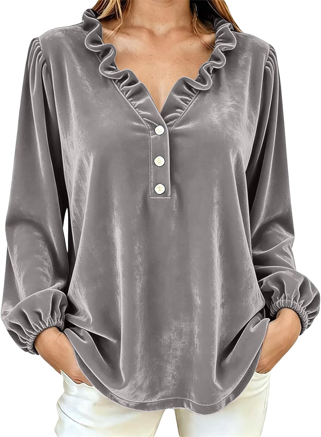 Women Velvet Ruffle V Neck Henley Blouse Puff Sleeve Elegant Shirt