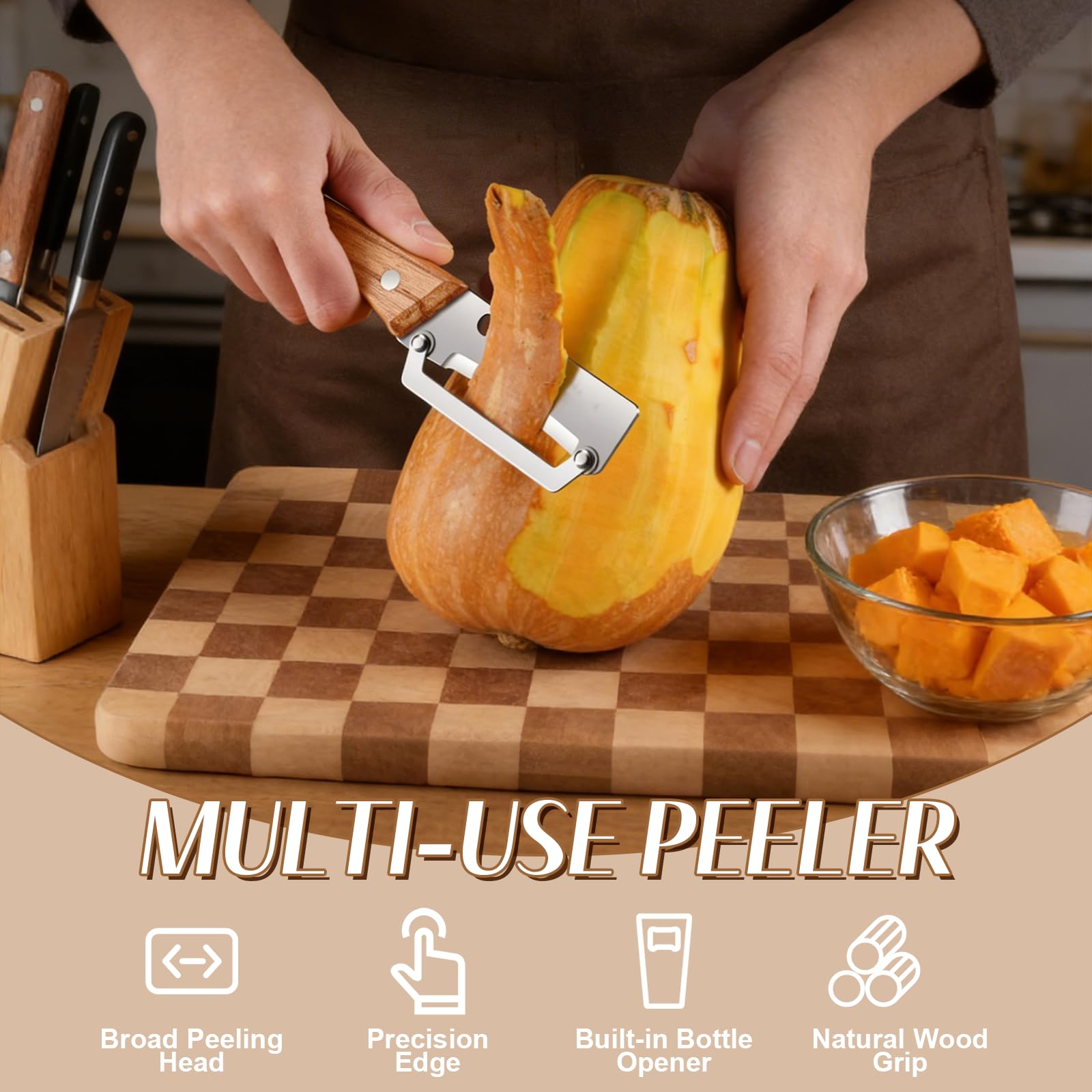 2026 Upgrade Vegetable Peeler With Wooden Handle, Stainless Steel Wide Blade Potato and Carrot Peeler, 2-in-1 Veggie Peeler With Bottle Opener for Kitchen, Camping and Travel (1PCS) - 3