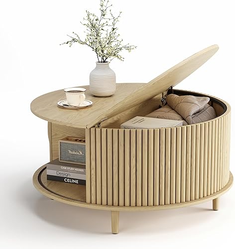 Miniatura 8 de Mesa de centro redonda para sala de estar, comedor u hogares con espacio reducido, con almacenamiento y puerta corrediza, estilo moderno de mediados