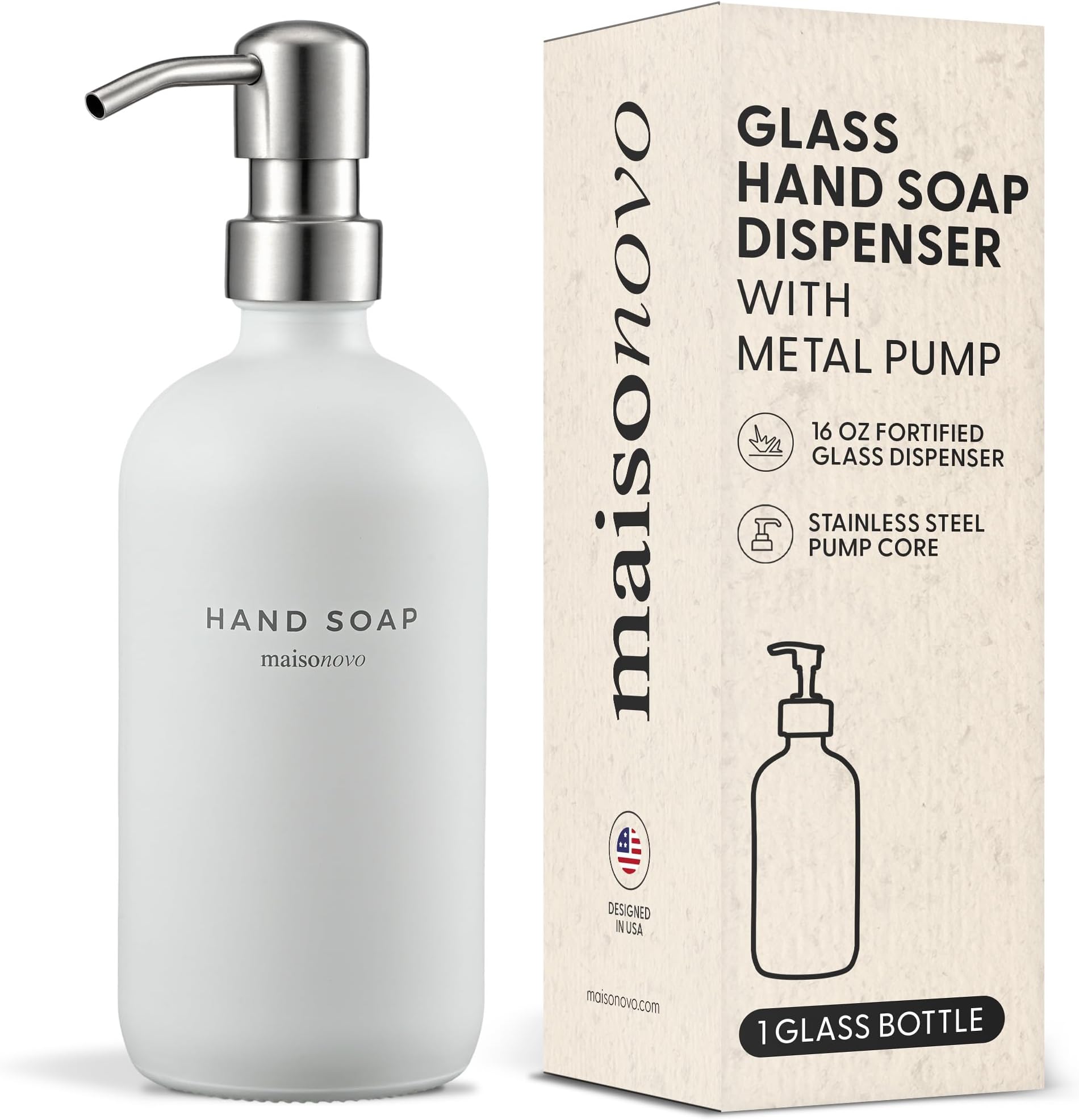 MaisoNovo Glass Soap Dispenser with Pump |1 White Bottle Silver Pump Bottle Dispenser |Dish Soap Dispenser and Kitchen Soap Dispenser |Glass Pump Bottle