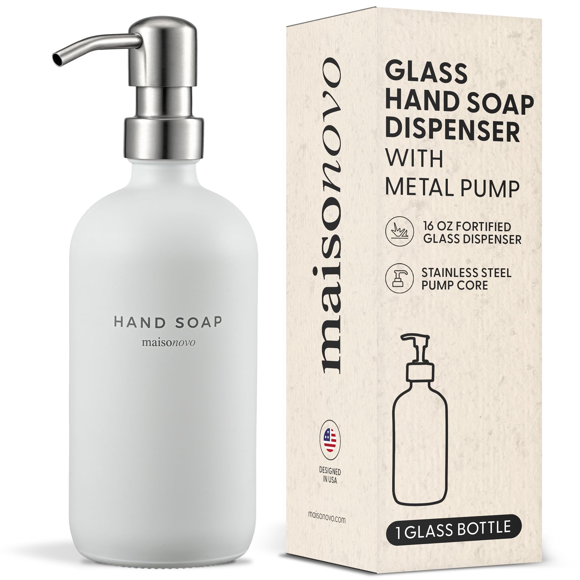 MaisoNovo Soap Dispenser 1-Piece Set | 16.9oz White Bottles with Silver Stainless Steel Pump