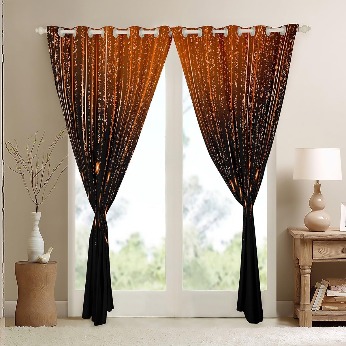 Abstract Ombre Curtains Orange Black Teens Window Curtains for Bedroom Living Room for Boys Girls Women Kids Modern Geometric Window Drapes Treatments Glitter Galaxy Stars Decor 52W X 84L,2 Panels