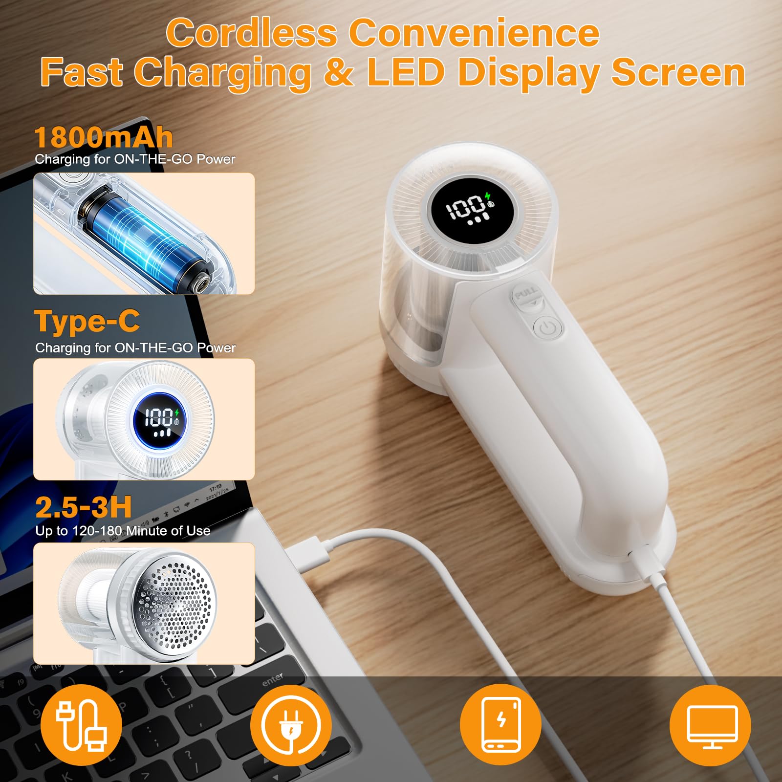 Rasoir Anti Bouloche Vêtements 1800mAh - Rechargeable USB, 3 Vitesses, Écran LED, 3 Lames De Rechange