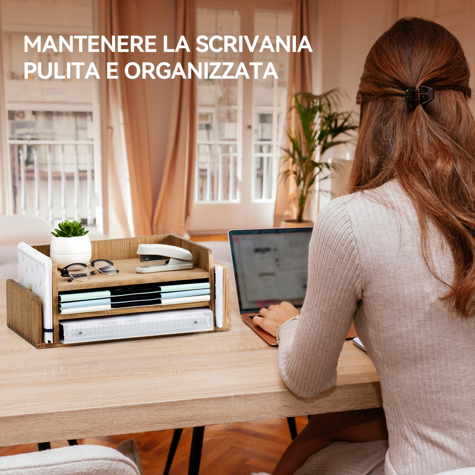 KIRIGEN Organizzatore da scrivania in legno Cartella, posta e documenti Cartella per lettere, portatelefono, portadocumenti, legno naturale marrone