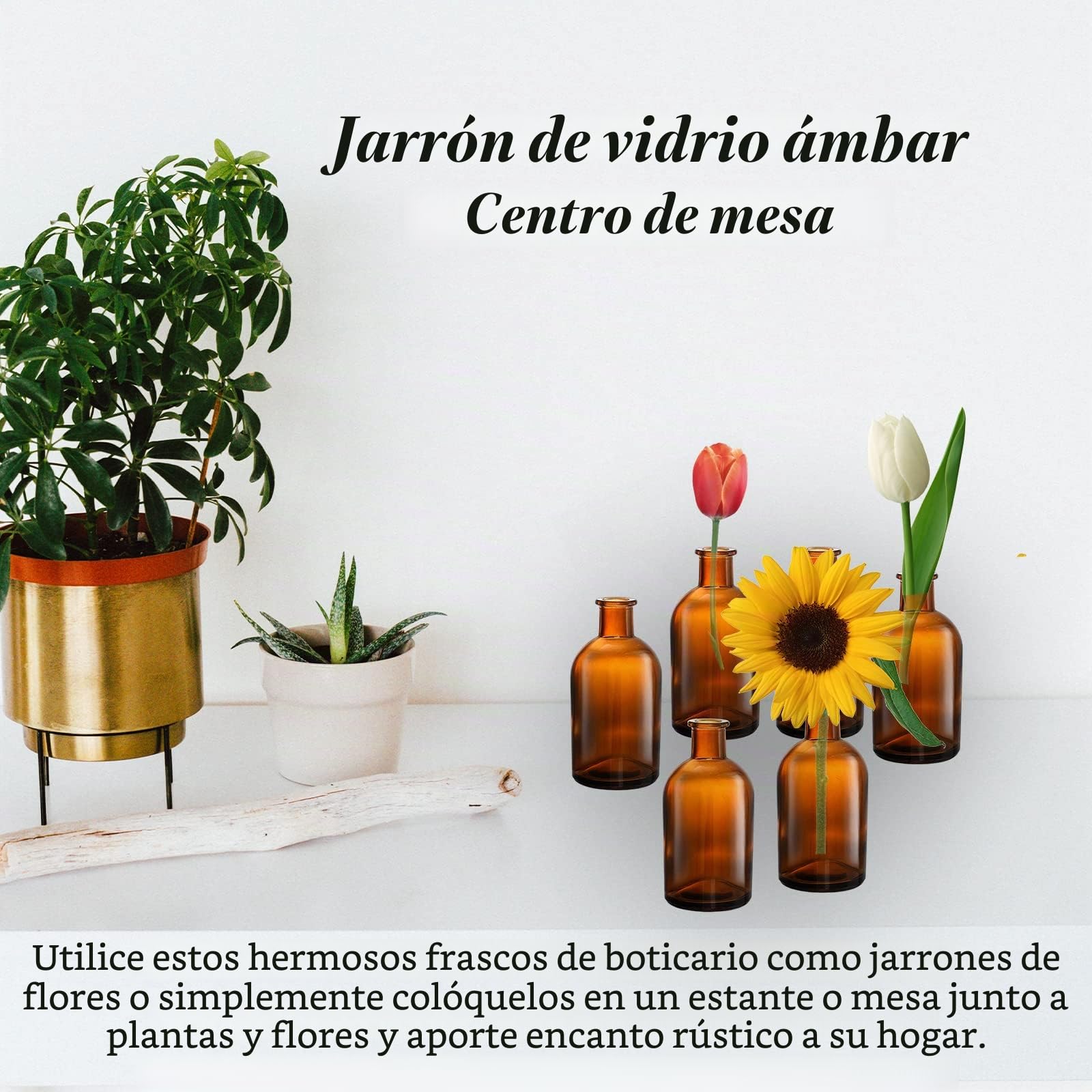 YOUEON Paquete de 16 jarrones de Vidrio ámbar, jarrones de brotes Vivos de 8 onzas, jarrones pequeños para Flores, Botellas Decorativas de ámbar para Centro de Mesa, decoración del hogar, Oficina,