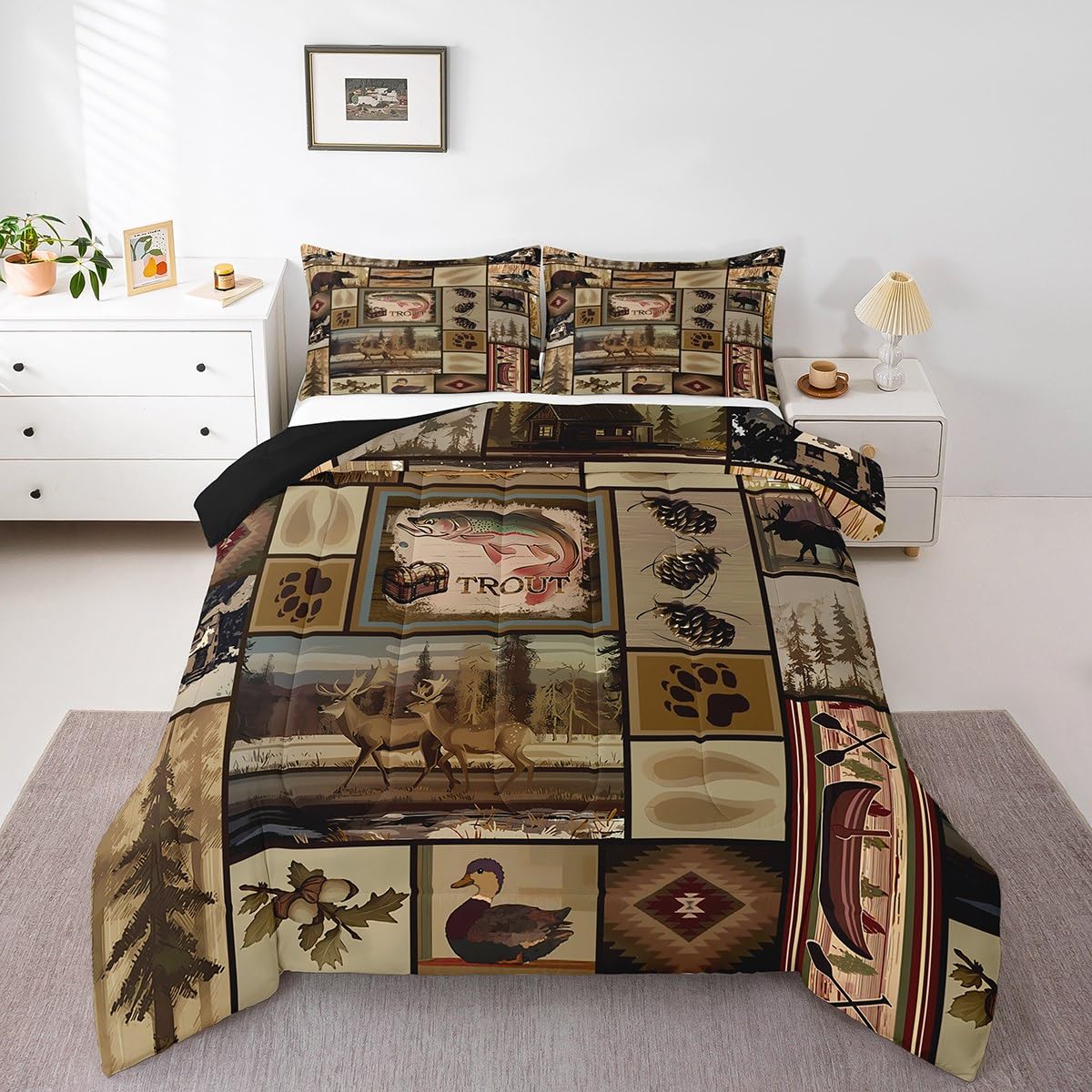 Feelyou Kids Bass Fish Comforter Set King Size, Deer Hunting Bedding Set Fishing Duvet Insert Boys Girls Rustic Farmhouse Teens Bedroom Decor 3Pcs