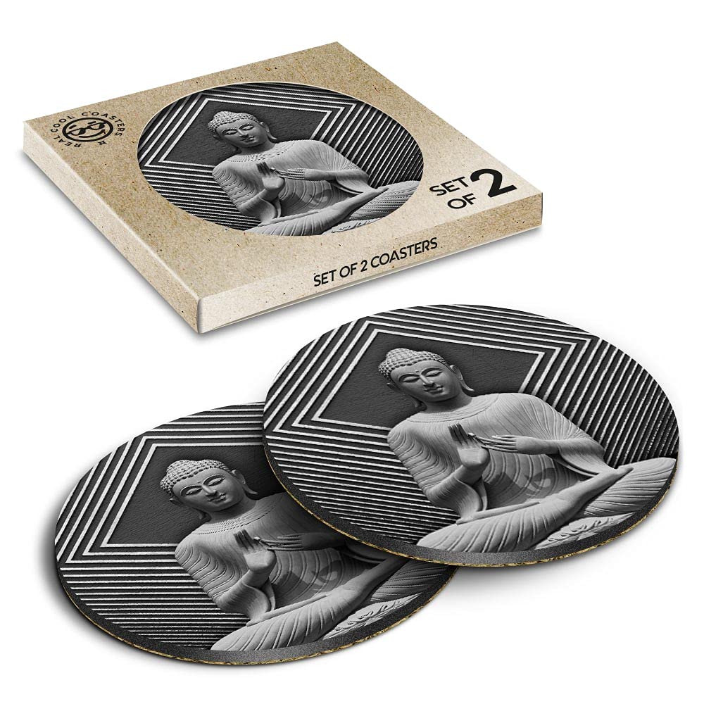2 x Eco Boxed Cork Coasters - BW - Meditating Lord Buddha Indian God Drink Cup Mug Glass Table Mat #43201