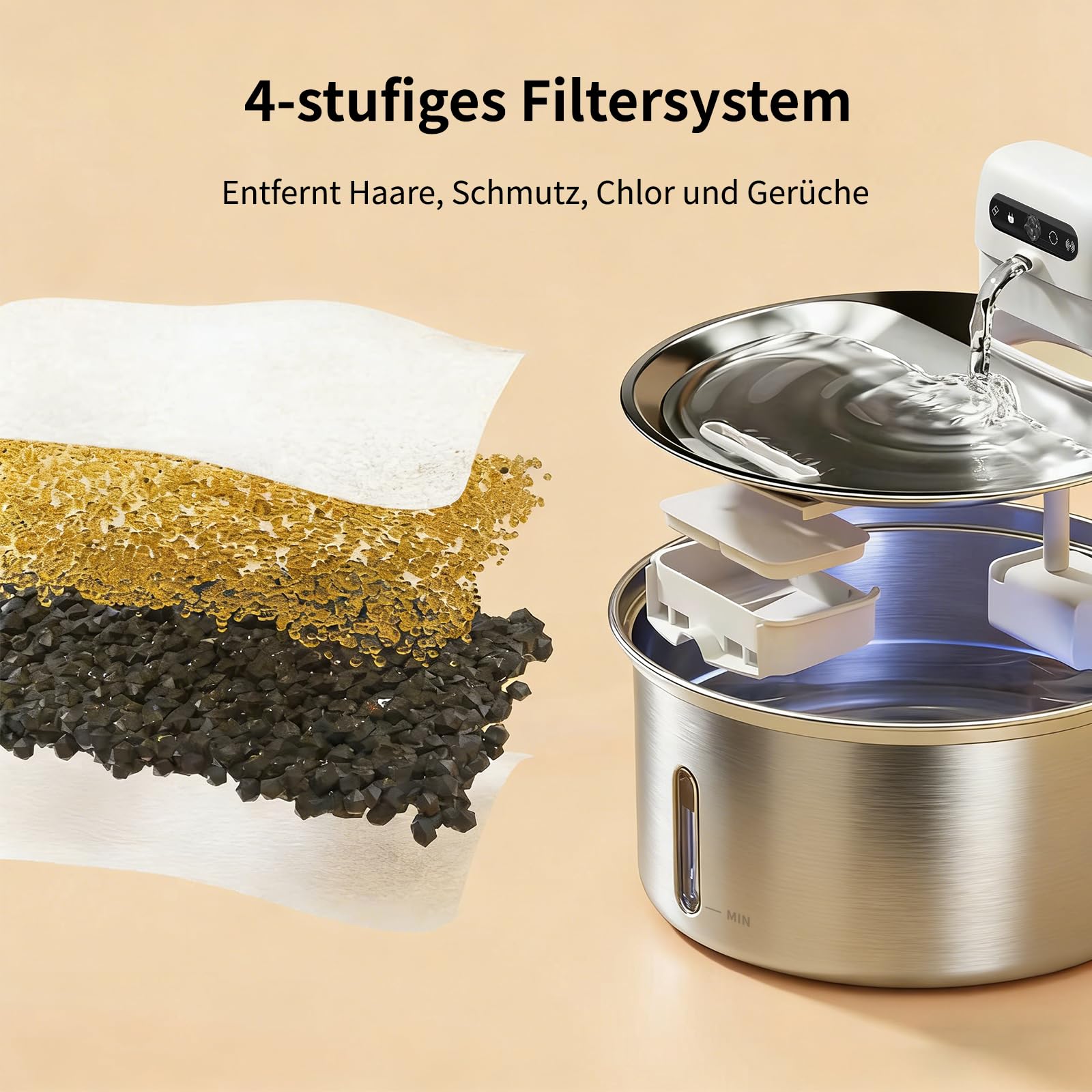 Katzenbrunnen Edelstahl 3.2L, Kabelloser Trinkbrunnen für Katze mit 4000mAh Akku, Wasserbrunnen für Katzen mit Bewegungsmelder, Leise & Spülmaschinenfester, Katzentrinkbrunnen für Hunde