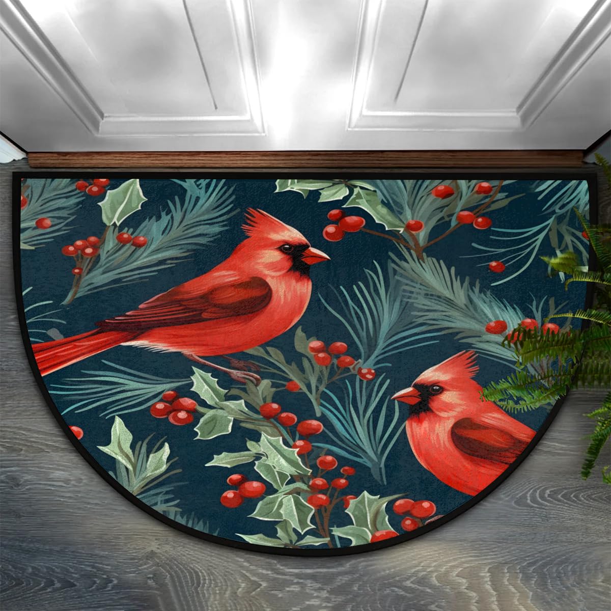 Half Round Door Mat Absorbent Door Mats Indoor, Cardinal Birds Leaf Welcome Mats Outdoor Doormats for Outdoor, Entrance, Home, Entryway Rug Non-Slip