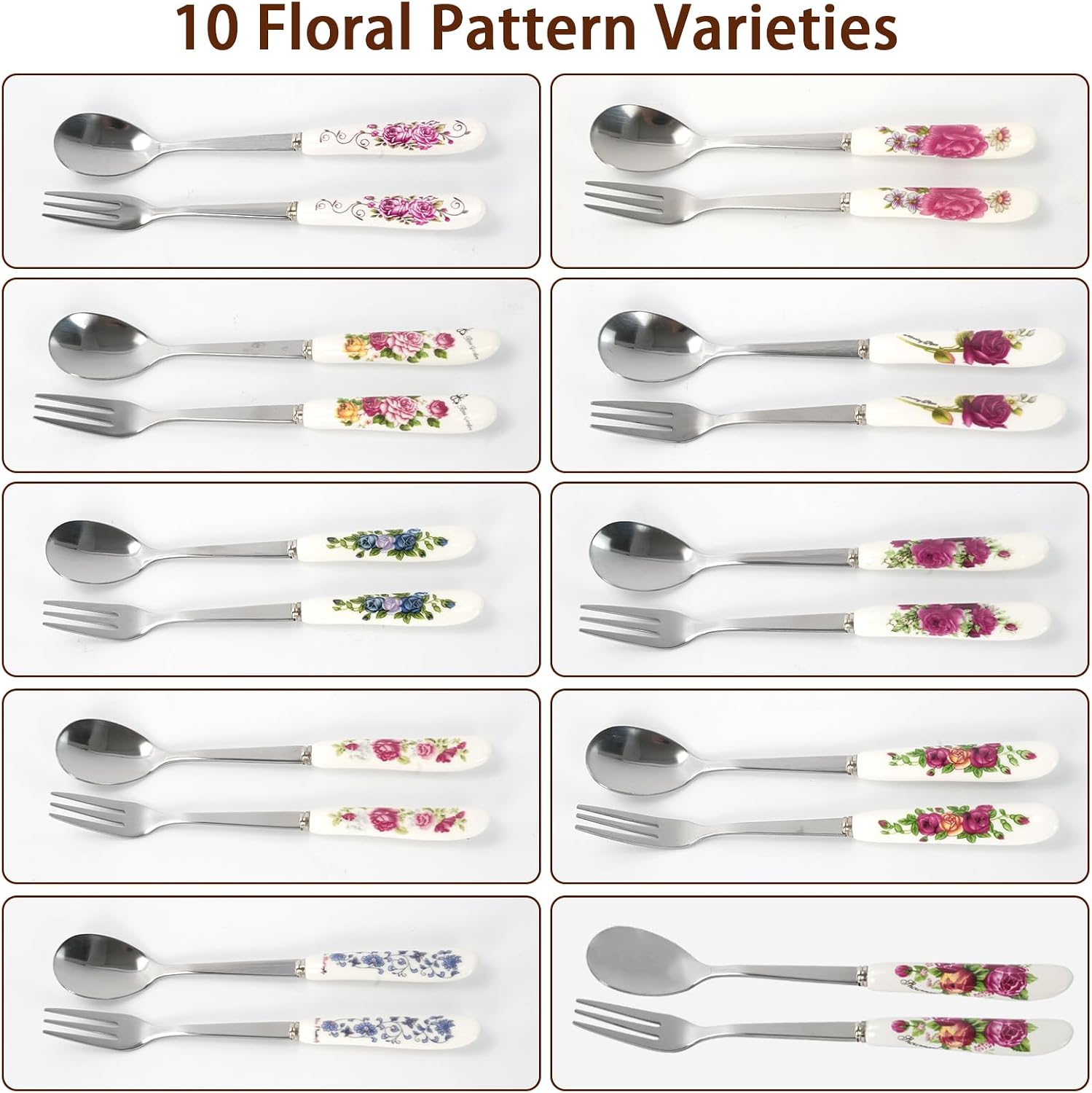 JEPELUS 20Pcs Forks and Spoons with Ceramics Handle, Flatware Set for 10