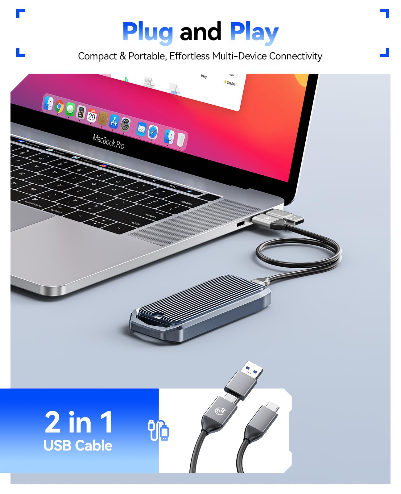 Carcasa para SSD M.2 USB4 de 40 Gbps, soporta SSD M.2 NVMe de hasta 8 TB, funda de aleación de aluminio con aletas, cable USB-C a USB-A y C 2 en 1, Plug and Play, compatible con Thunderbolt 3/4, 6