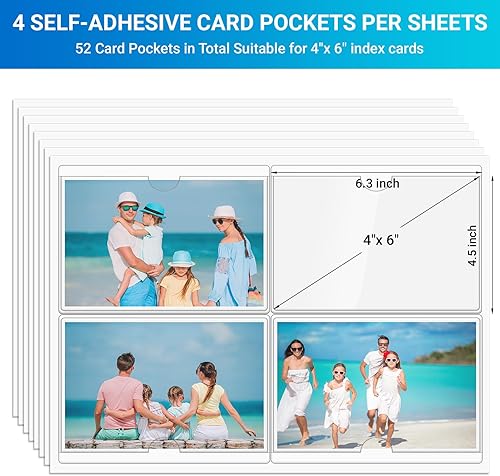 Miniatura 2 de MaxGear Bolsillos para tarjetas de índice de 4 x 6, paquete de 52 bolsillos autoadhesivos para tarjetas de biblioteca con carga abierta superior