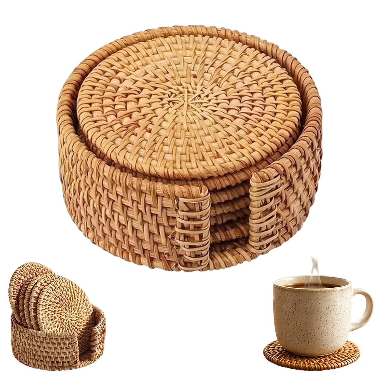 Rattan Coasters Set of 6 with Holder Handwoven Drink Mats