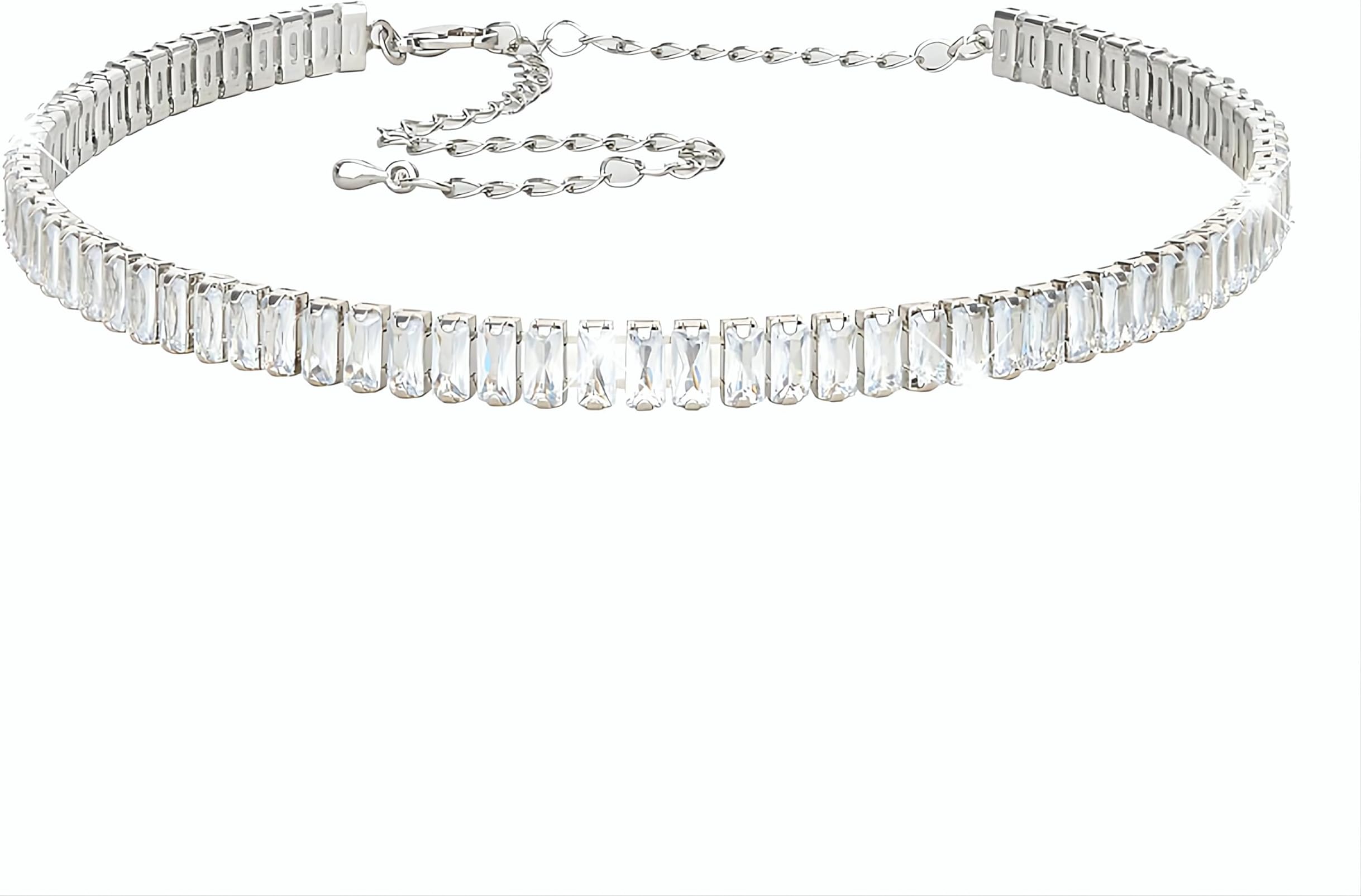 Rhinestone Choker Necklaces Elegant Silver Choker Diamond Choker Sparkly Crystal Necklace Chain Tennis Jewelry Fashion Accessories for Women Bride Party Evening Birthday Wedding