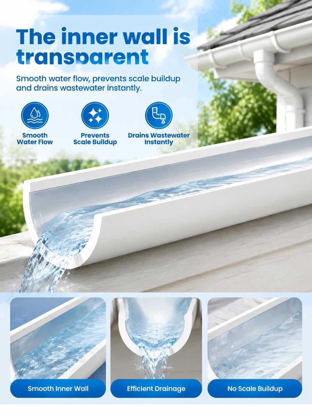 Grondaia PVC Semicircolare, Tubo Scarico Acqua Piovana U Forma Tetto