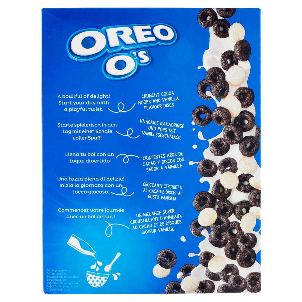 Italian Gourmet E.R. Lot de 4 céréales Oreo O's Céréales au goût de cacao et de vanille enrichies en vitamines et en fer 350 g de céréales comme petit déjeuner ou collation entre les deux