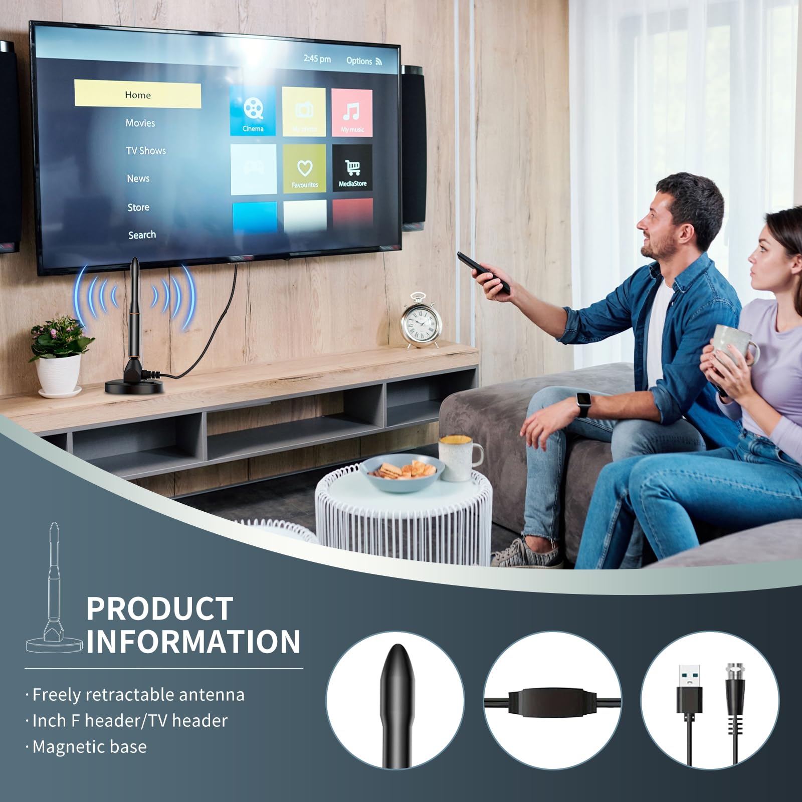 antenna tv interna amplificata potente, antenna tv portatile, portatile con base magnetica resistente, ricezione a lunga distanza supporta 4K 1080p VHF UHF DVB-T/DVB-T2