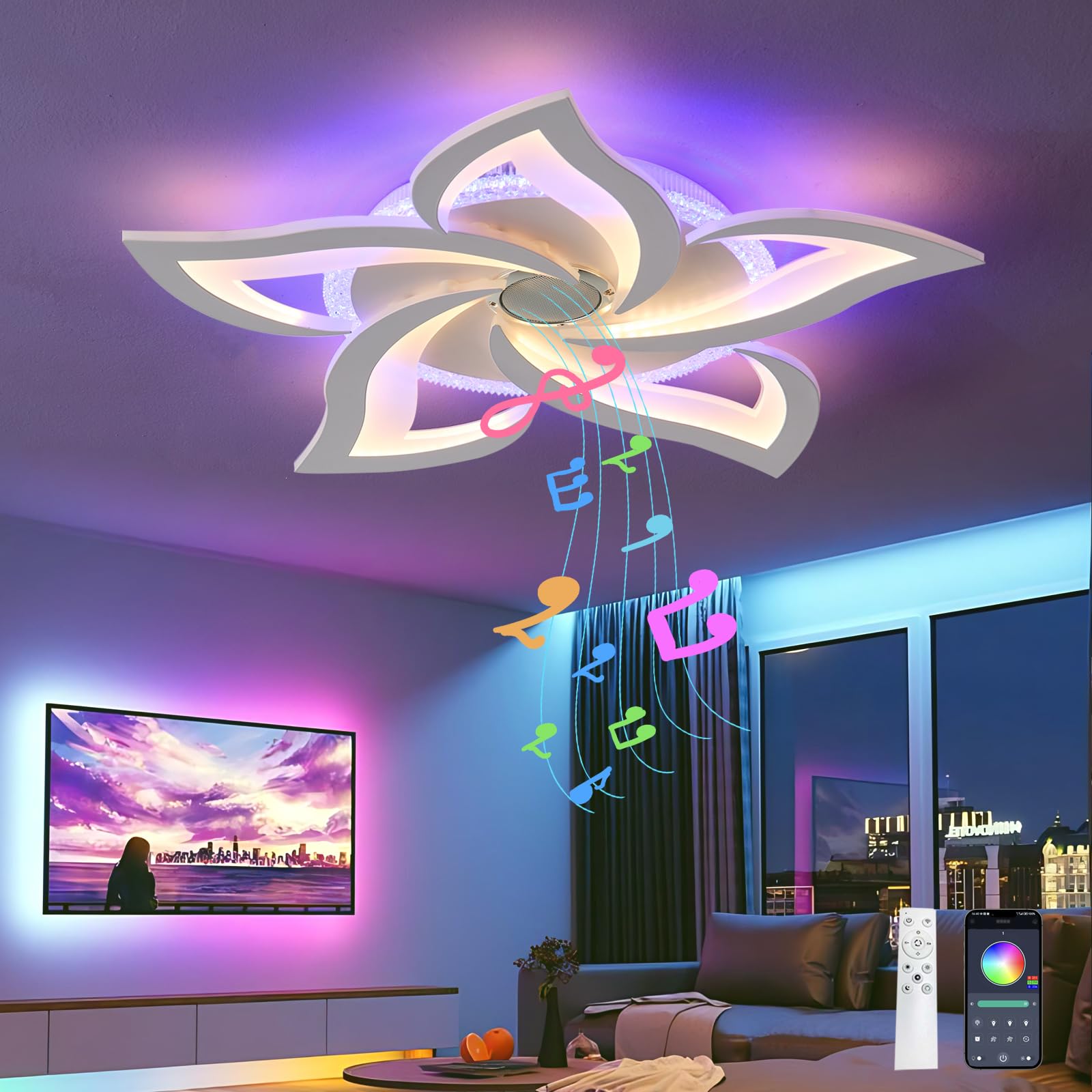 Lampadario Telecomando APP RGB Plafoniera con Altoparlante Bluetooth 3 Temperature di Colore Lampadari con Timer Dimmerabile Luce Notturna e Funzione di Memoria per la Camera da Letto, Bianco
