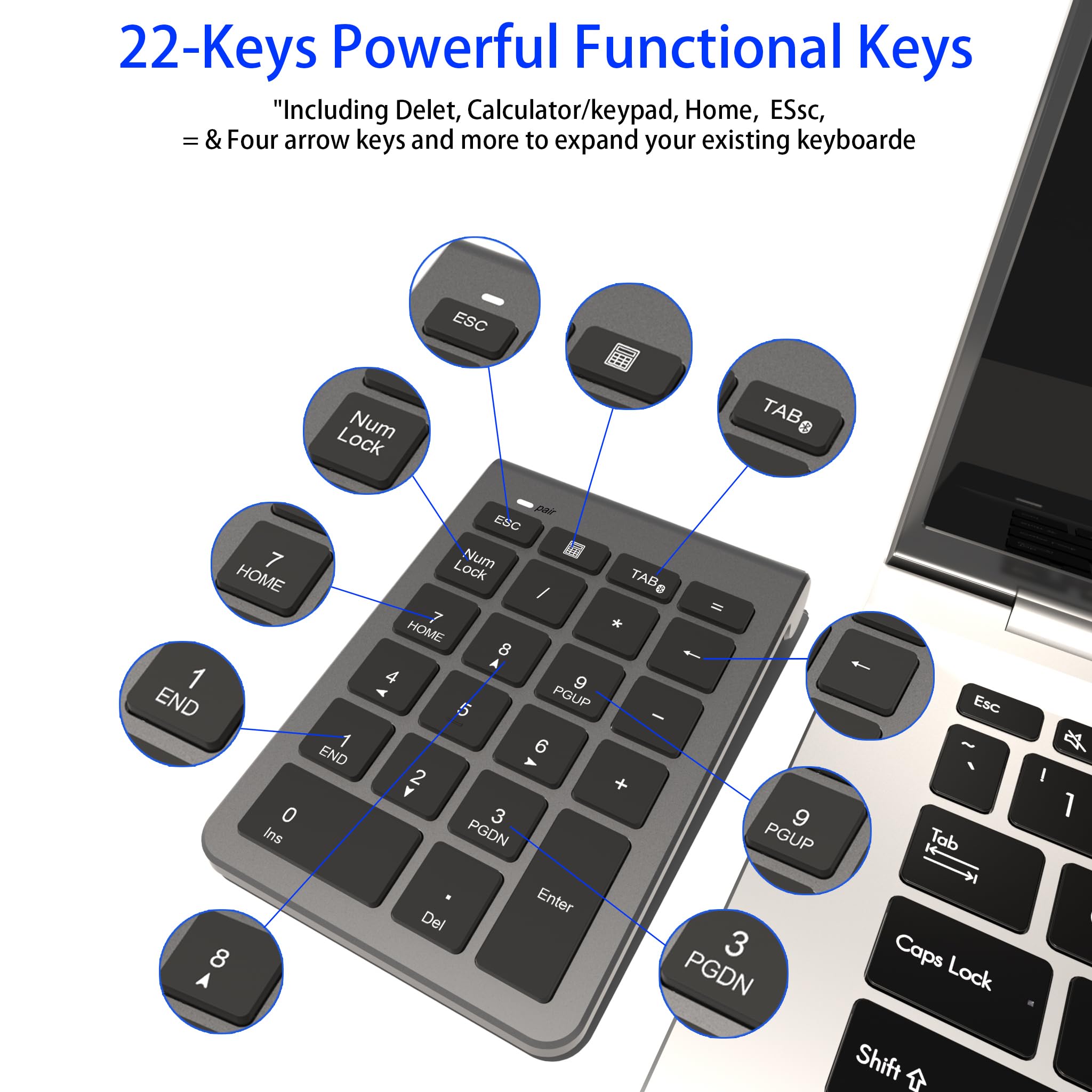 Bluetooth Nummernblock, Kabelloser Ziffernblock mit 22 Tasten（inkl-11 Multifunktionstasten） Leiser Numpad für Laptop/Desktop/MacBook/iPhone/iPad/Surface Pro(Windows/macOS/iOS/Android) – 10m Reichweite