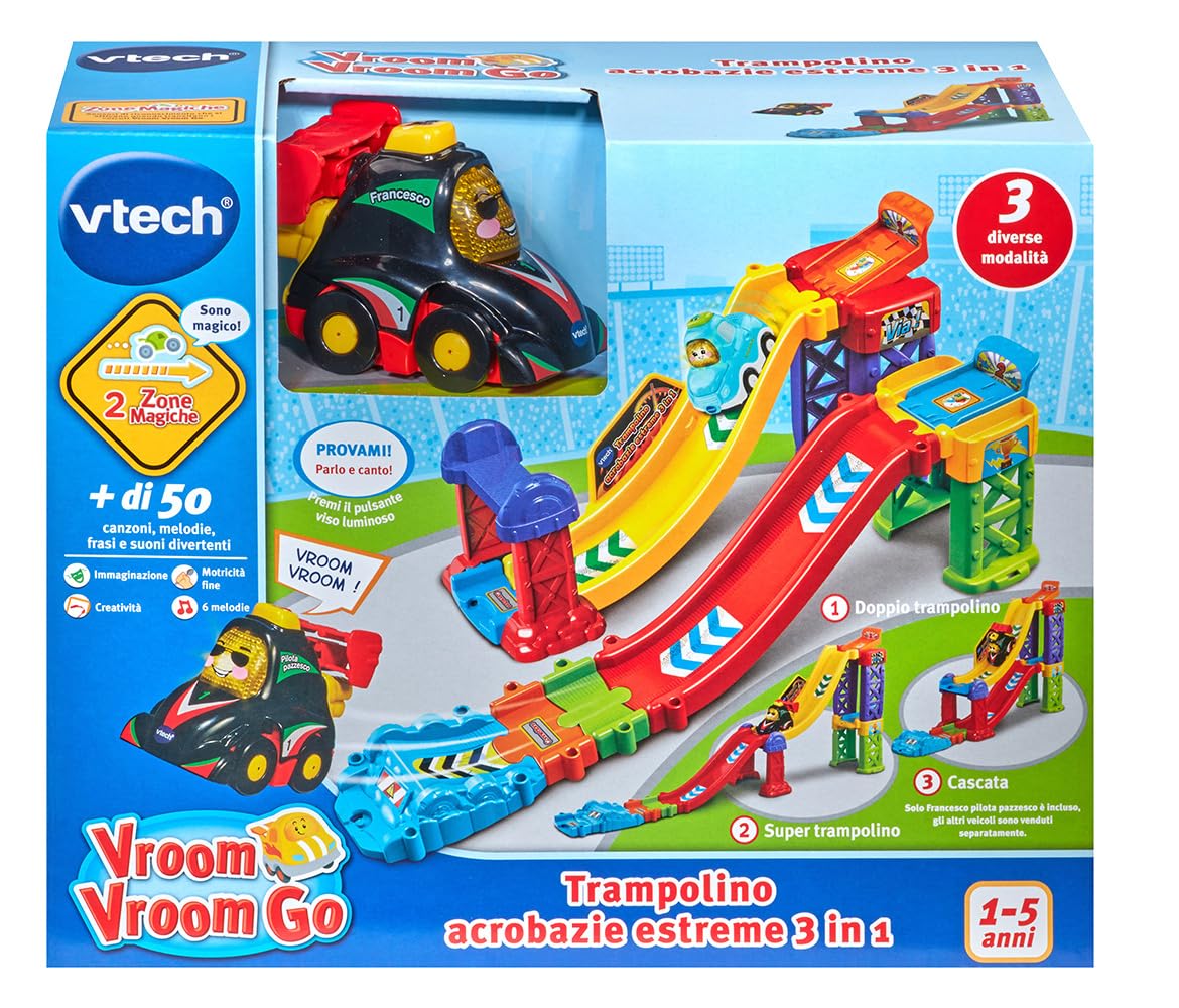 VTech Vroom Vroom Go - Trampolino Acrobazie Estreme 3 in 1, Pista Macchinine con Trampolino, 3 Modalità di Gioco, Incluso 1 Veicolo, 2 Zone Magiche, Lingua Italiana, Batterie Incluse, 1-5 Anni