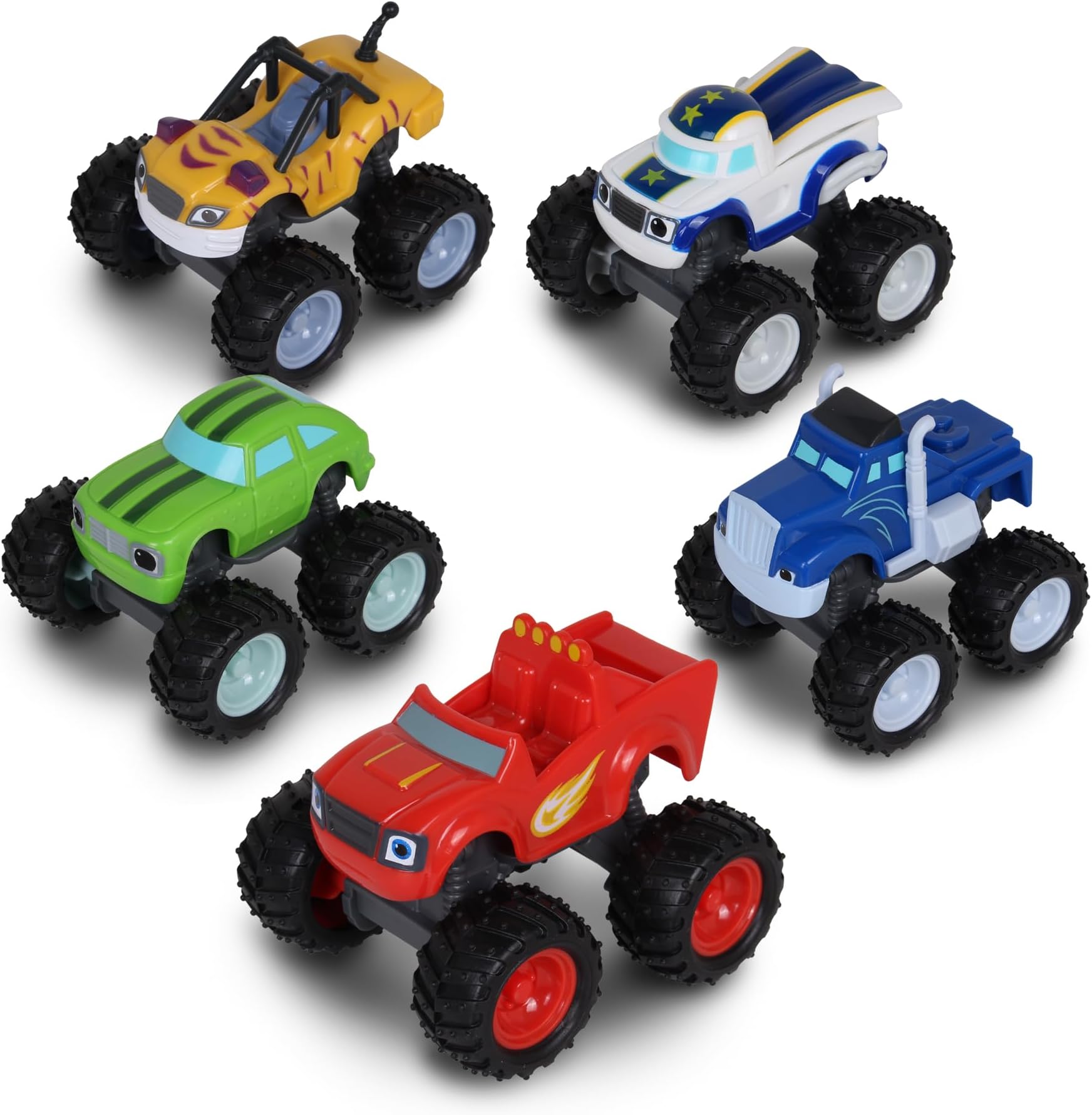 Blaze and The Monster Machines (Free-Wheel) 5PK (Blaze, Pickle, Crusher, Stripes & Darington); No Batteries Required; Grippy Tires; STEM; Officially Licensed