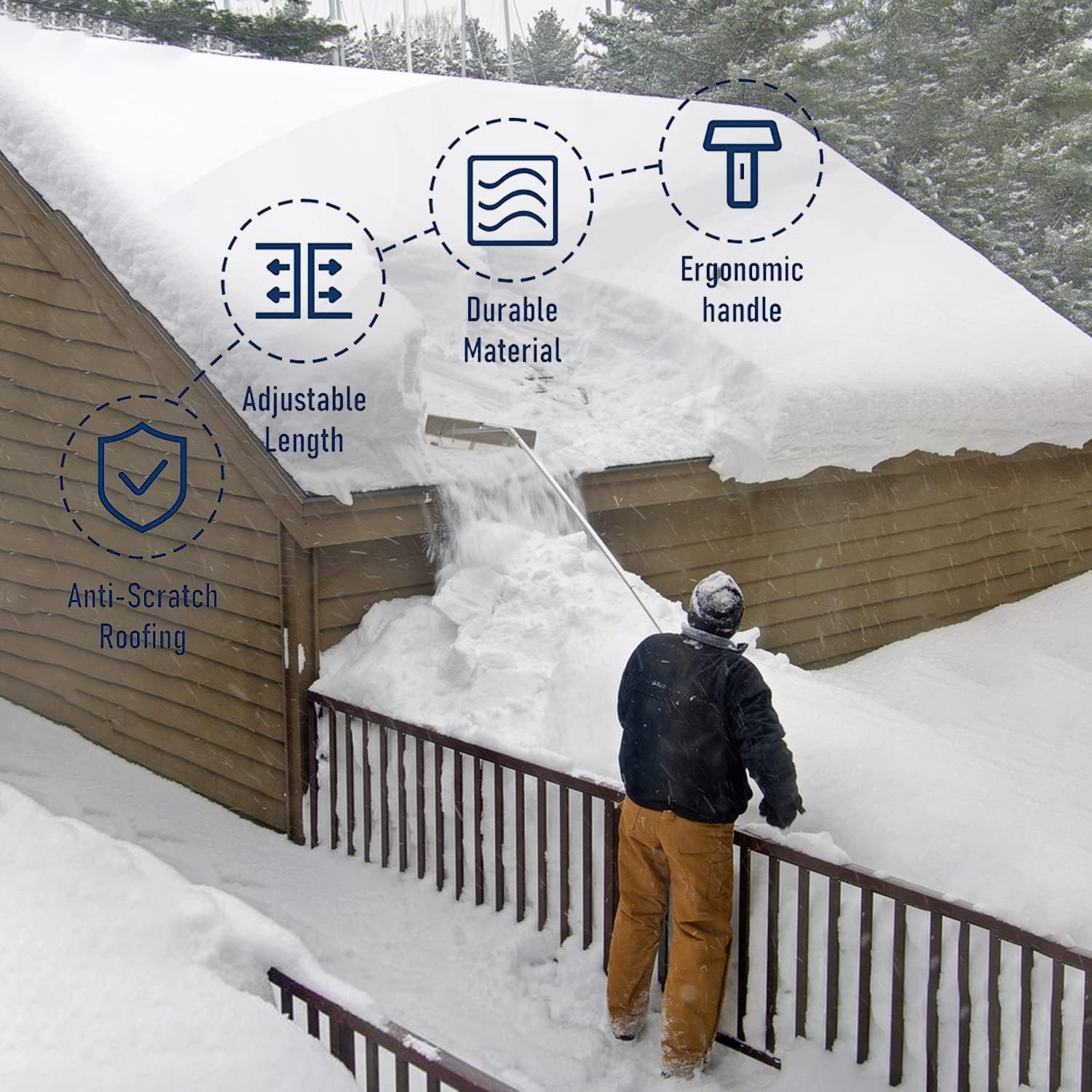 review TONINGIO Roof Rakes for Snow Removal - 4’-20’ Aluminum Snow Rake for House Roof, 5-Section Adjustable Tubes Ergonomic Soft Handle, Suitable for Various Roofs Shovel Snow