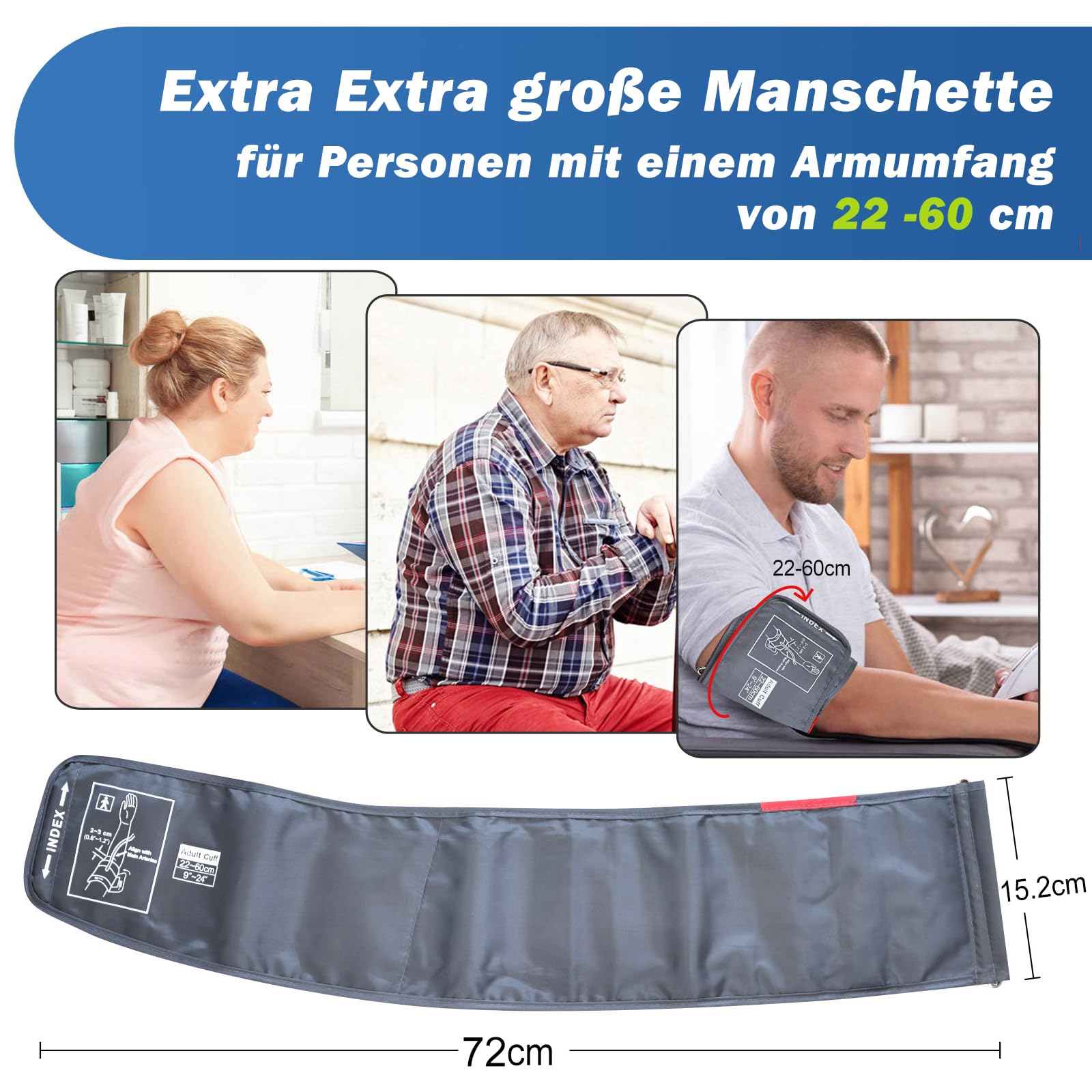 Blutdruckmanschette Ersatz - Comfortable Extra Große Manschette für Erwachsene mit Größe Oberarm, 22-60cm Armumfang, Kompatibel mit den Meisten Blutdruckmessgeräten - 6 Anschlüsse