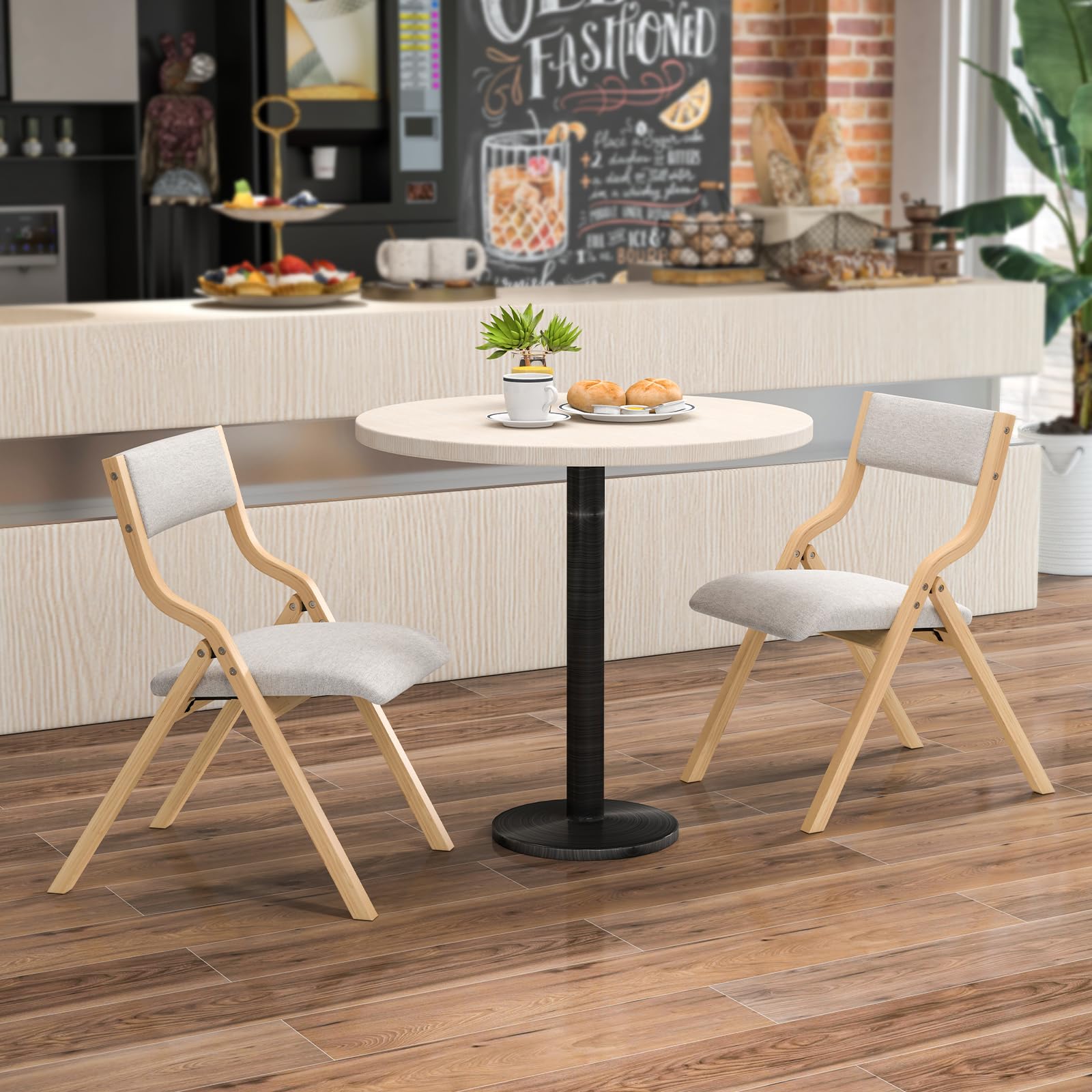COSTWAY Set di 2 Sedie da Pranzo Pieghevoli, Sedie Imbottite con Telaio in Legno Massello e Sedile Imbottito in Tessuto di Lino, Aspetto Moderno Senza Braccioli per Cucina e Soggiorno (Naturale)