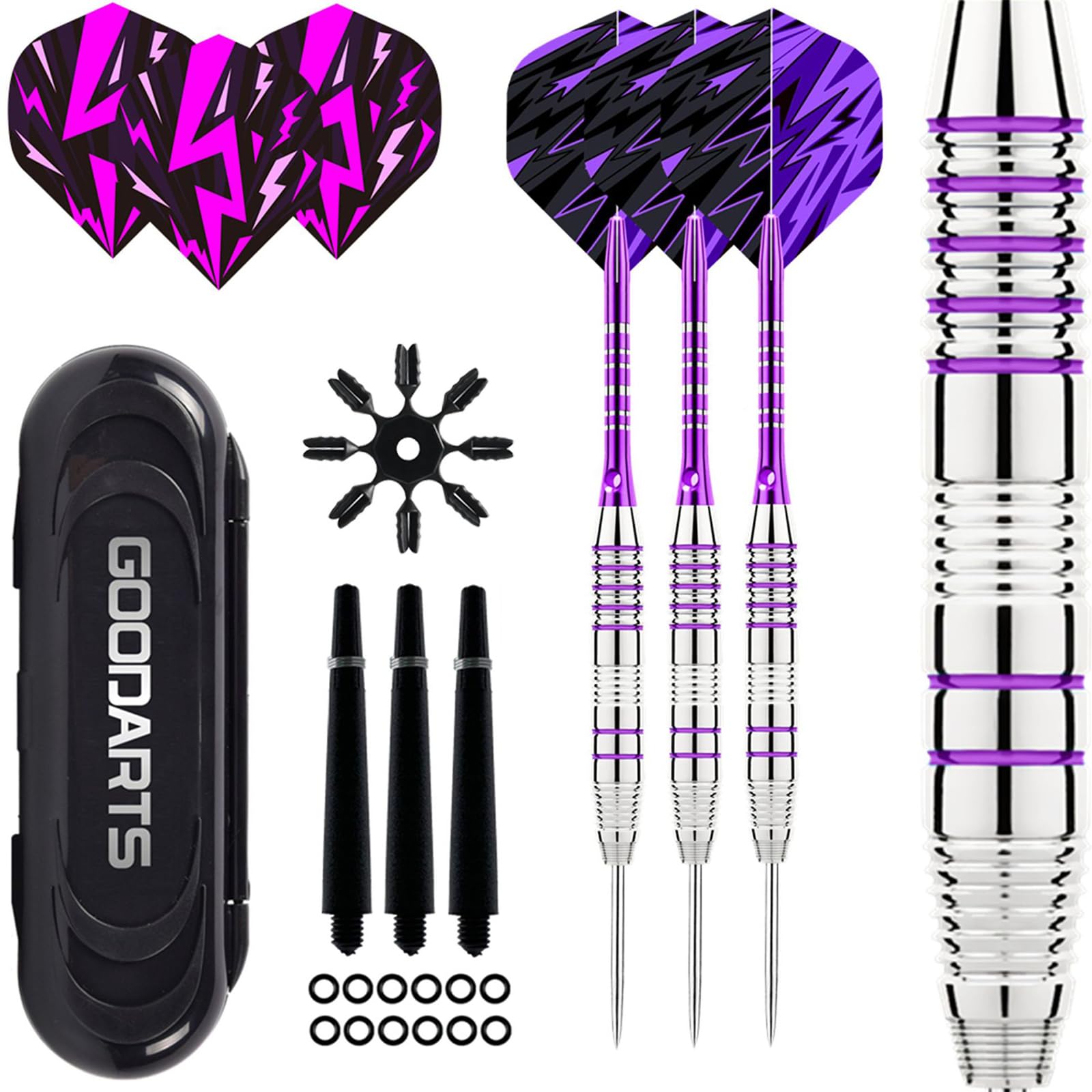 Olivvia Steel Tip Darts Set, 24g Professional Metal Tip Darts, 3 Pcs Aluminum Shaft Darts with K Flex Flights, Pink Darts, Dart Sharpener, Darts for Beginners & Pros