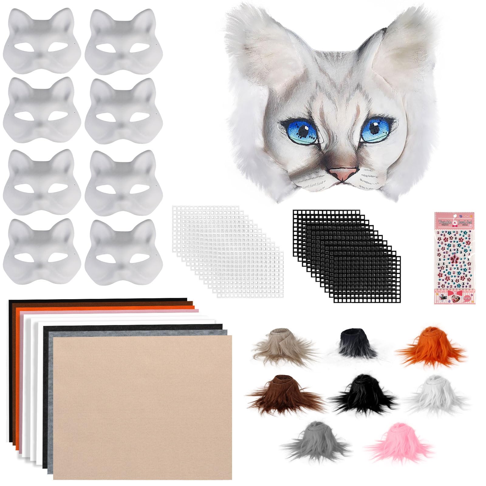 Giftota 47 Pcs DIY Therian Mask Kit for Boys Girls - 8 Blank Cat Mask with Super Soft Felt Fabric Sheet, Plush Faux Fur, Eye Mesh, Gem Sticker - DIY Fox Masks for Christmas Masquerade Cosplay Party