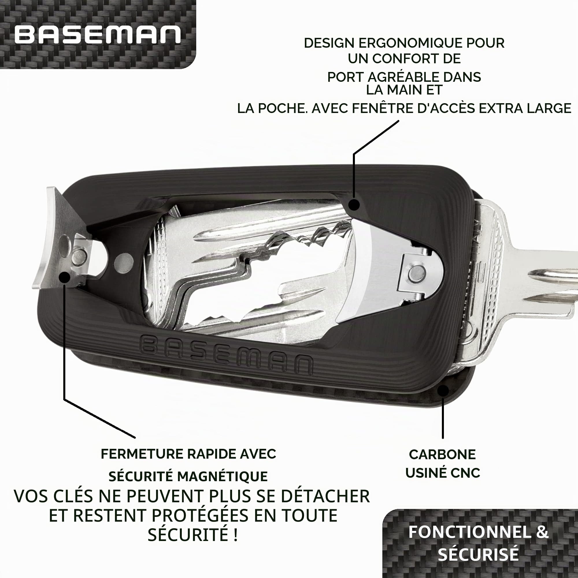 BASEMAN® Organiseur de Clés Avec Fermeture Rapide et Sécurité Magnétique