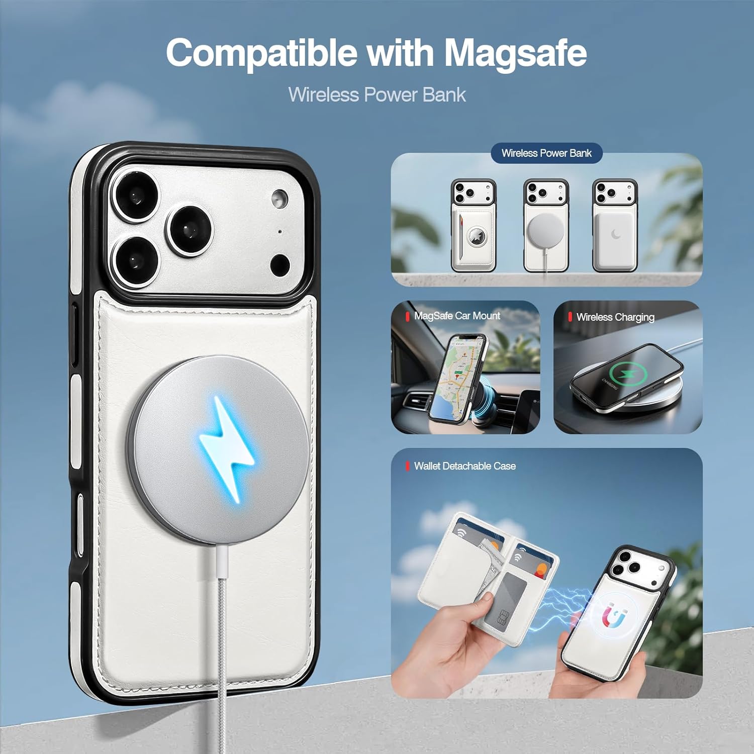 Antsturdy Compatible with MagSafe 2 in 1 Detachable Magnetic iPhone 17 Pro Max Case Wallet with AirTag Holder,Men Women PU Leather RFID Blocking Credit Card Holder Slots Flip Cover Kickstand,White