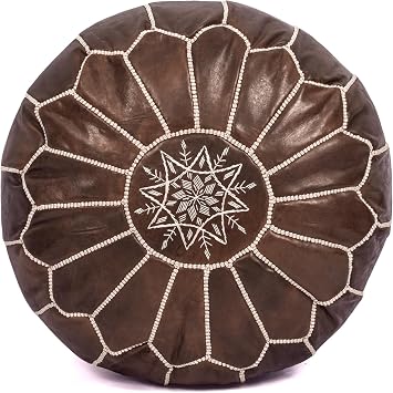 Moroccan Leather Handmade Pouf Ottoman Cover, Unstuffed Foot Stool, Round Boho Footrest for Living Room, Bedroom, Home Decor Gift (Brown By White)