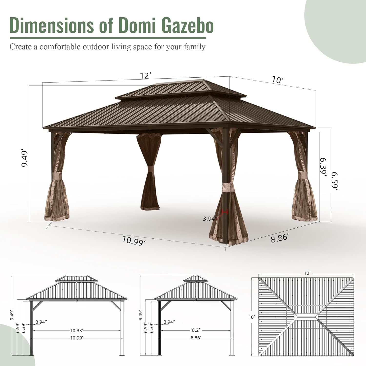 Domi 10' x 12' Hardtop Gazebo, Outdoor Metal Gazebo for Patios with Galvanized Steel Double Roof, Heavy Duty Curtains and Netting Included, Permanent Pergola for Backyard, Garden Lawn, Brown