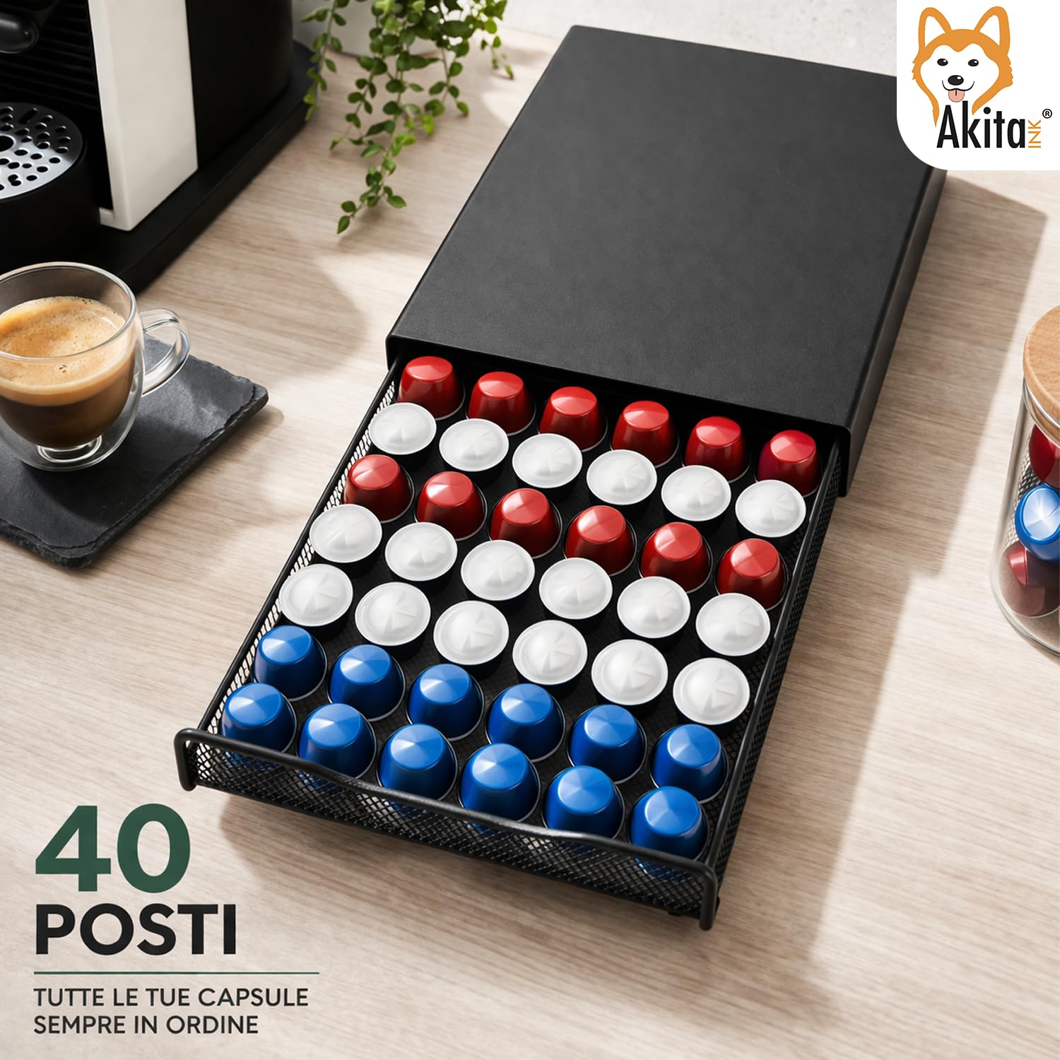 AKITAInk Portacapsule Caffè in Metallo con Cassetto, Organizer 40 Capsule Salvaspazio, Supporto Macchina Caffè, 37,5x17,5x4,5 cm, Nero
