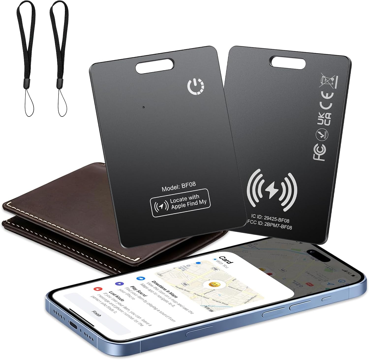 2 Pack Wallet Tracker Card [Apple MFi Certified] (iOS only), IP68 0.11in Rechargeable Smart Card Work with Apple Find My, Keys Finder and Item Locator for Passport, Bags, Laptop, Black