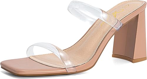 Athlefit Women's Square Open Toe Two Strap Heeled Sandals Slip On Block Chunky Heels Sandals