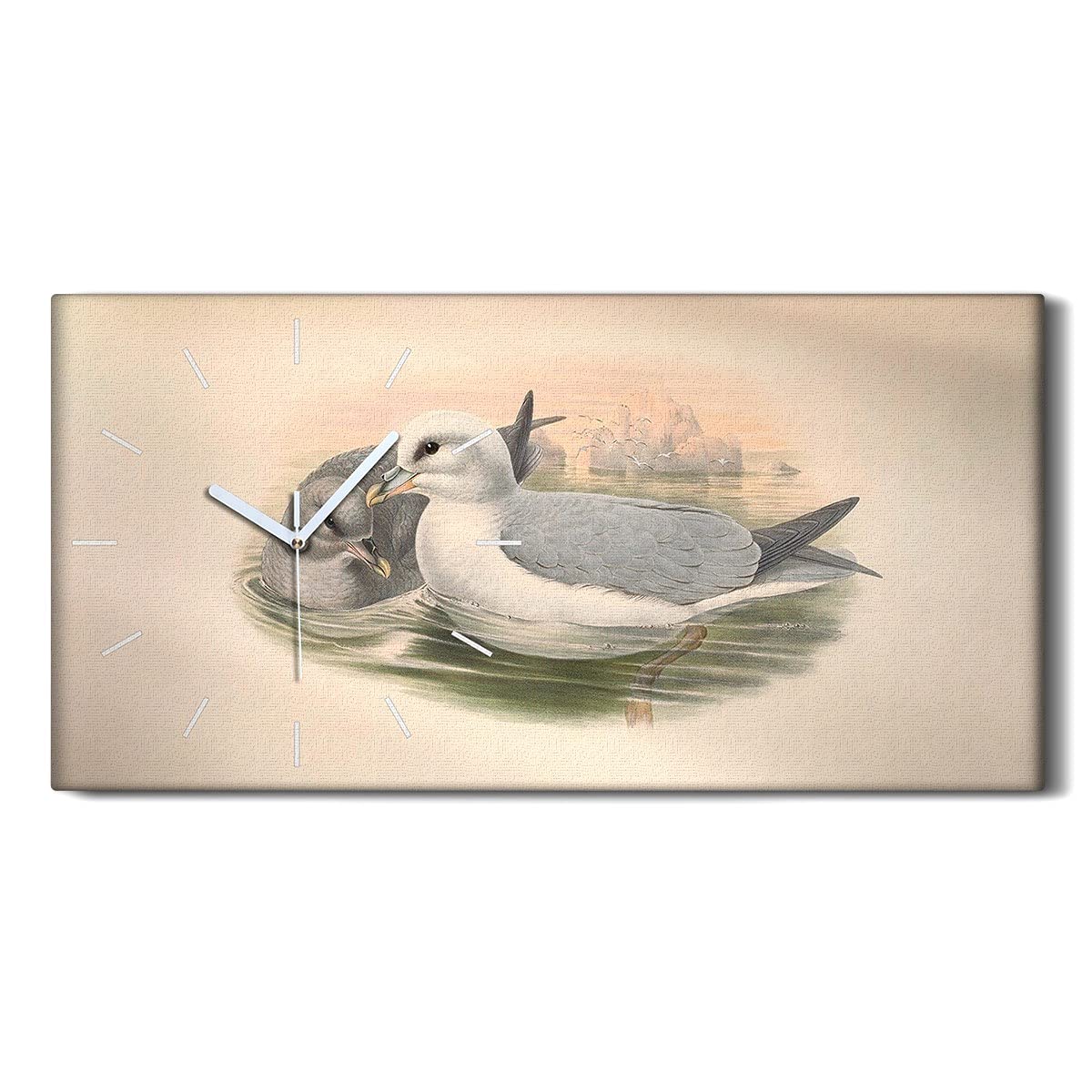 Horloge sur toile 60x30cm oiseaux dessin art moderne avec aiguilles blanches pour salon