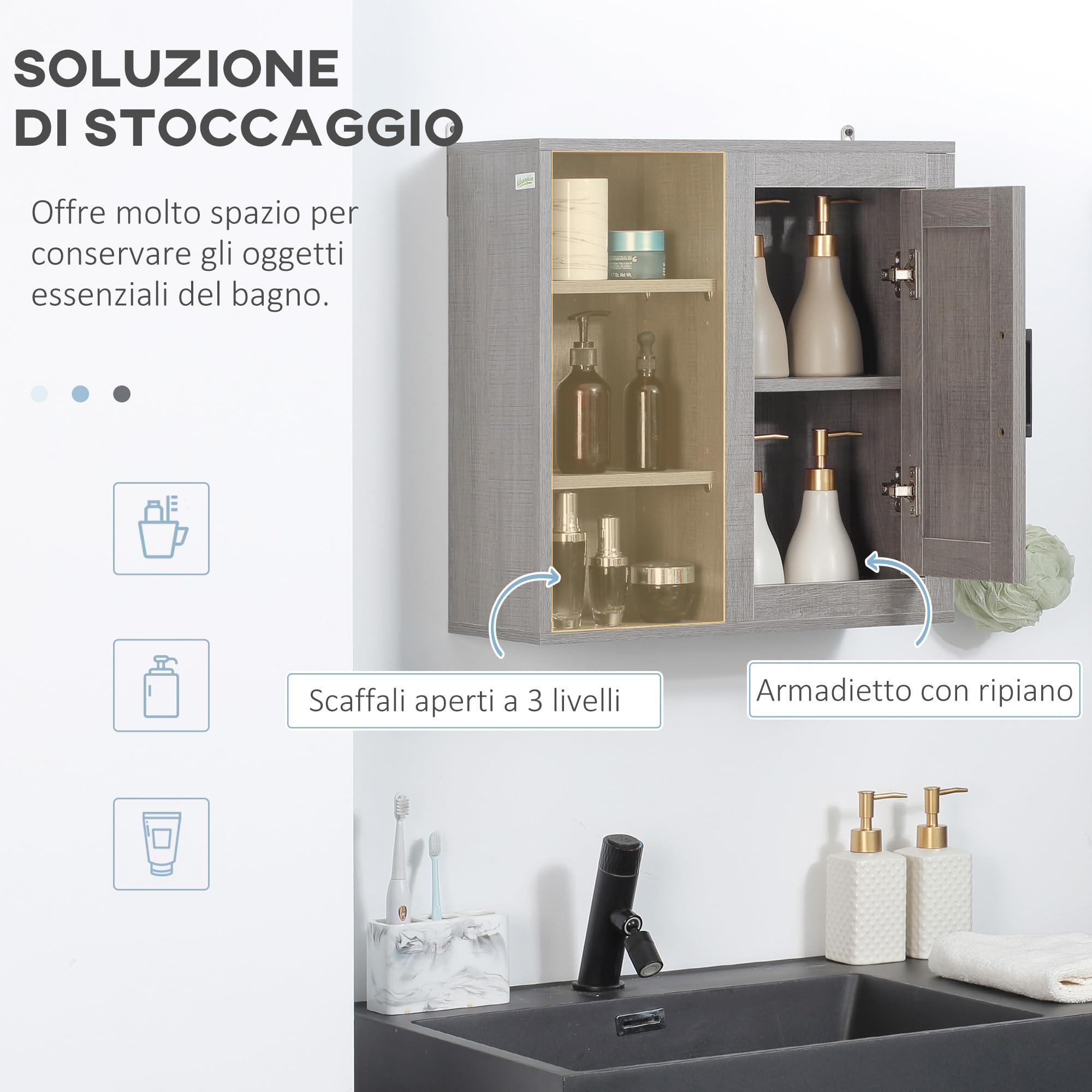 kleankin Meuble Mural Meuble de Rangement Suspendu Armoire Murale pour Salle de Bains Placard de Rangement Armoire de Toilette avec étagères et Une Porte - 48 x 20 x 50 cm - Gris