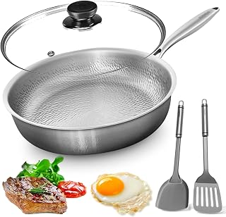 Titanium Pan, 100% Pure Titanium Pans for Cooking, Fast Heating, Titaniums Cookware, Dishwasher-Safe, No-Coating Nonstick Skillet with Spatula, Induction-Compatible (11.02in with Lid)