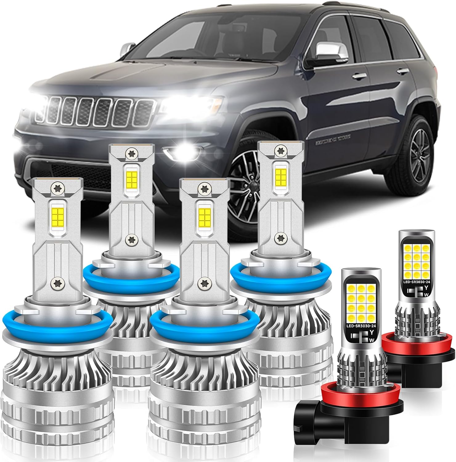 Fog Bulbs Fit for Jeep 2019-2021 Grand Cherokee Hi&Lo Beam Fog Light Bulb Combo, 800% Brightness, Dual-sided 3570 Chips, 6000K White, 60000HRS Long Lifespan, Plug-and-Play, Pack of 6