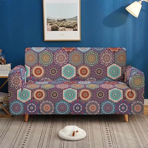 Miniatura 2 de Funda elástica para sofá con estampado bohemio, funda elástica para sofá floral con mandala, protector universal de muebles para sofás de 3 plazas